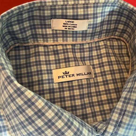 Peter Millar Mens L Plaid Dress Shirt Blue Tan Check 100% Cotton Button Down top - Picture 9 of 14